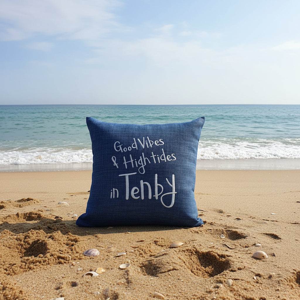 A square blue throw pillow with white embroidered text reading 'Good Vibes & High Tides in Tenby', on the beach