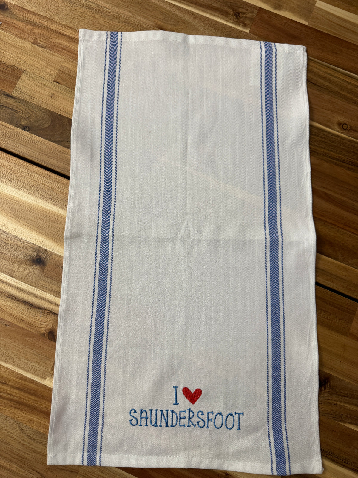 I Love Saundersfoot Embroidered Tea Towel