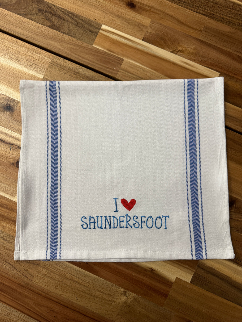 I Love Saundersfoot Embroidered Tea Towel