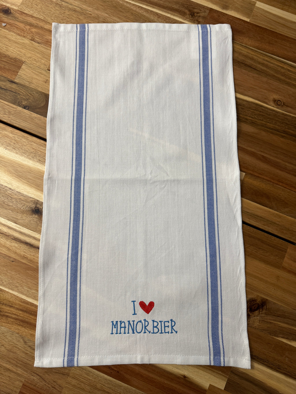 I Love Manorbier Embroidered Tea Towel