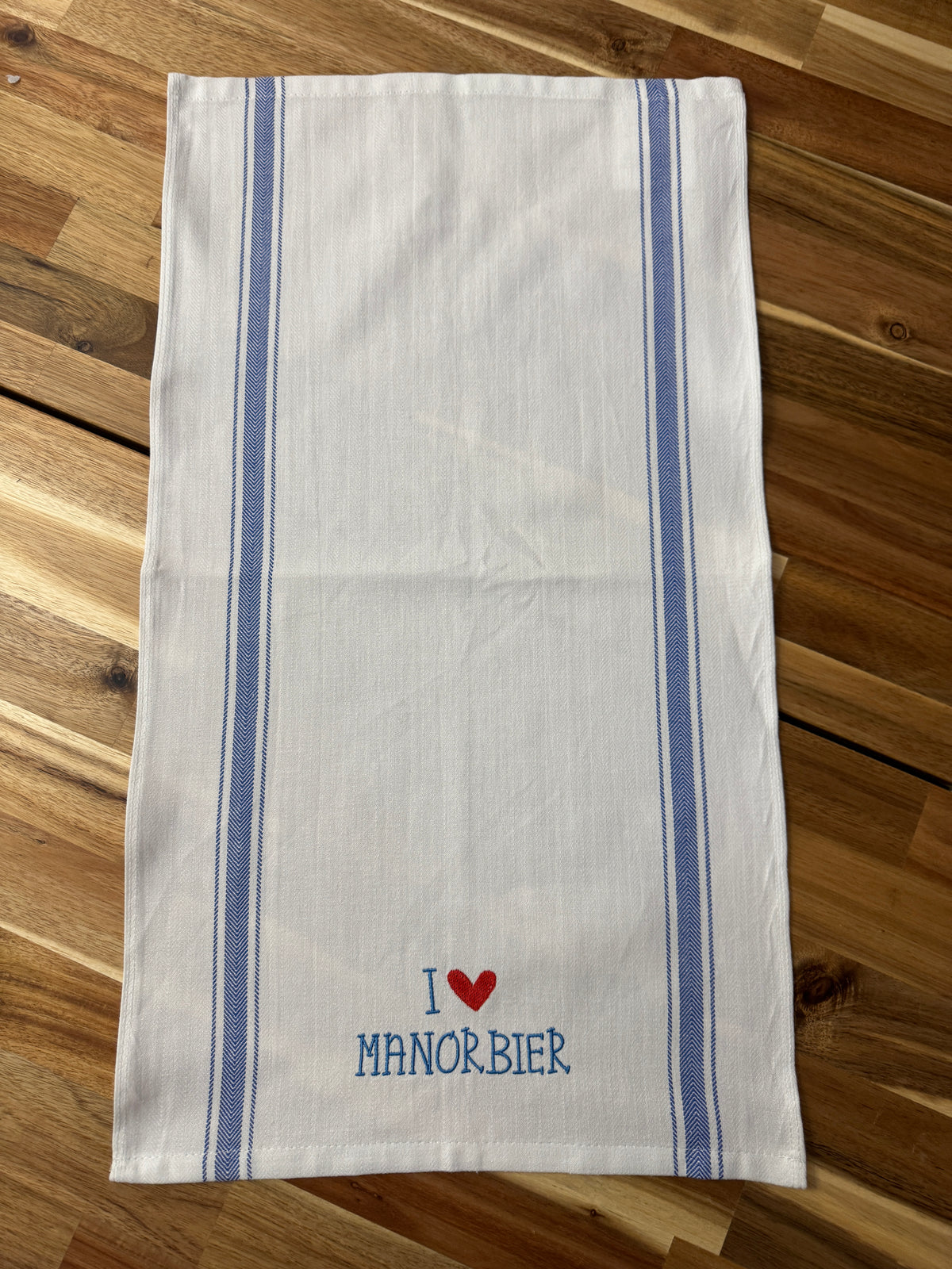 I Love Manorbier Embroidered Tea Towel