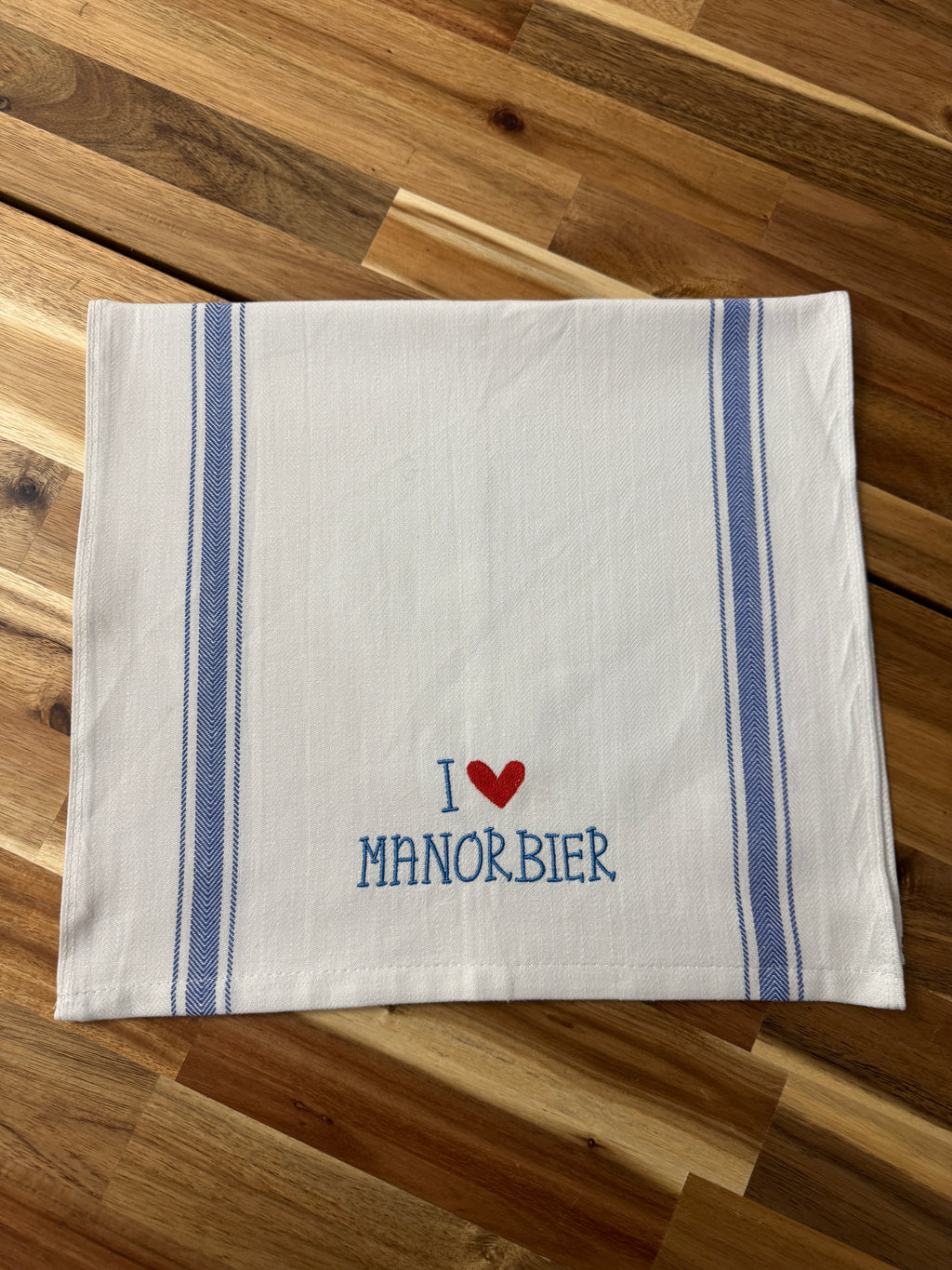 I Love Manorbier Embroidered Tea Towel
