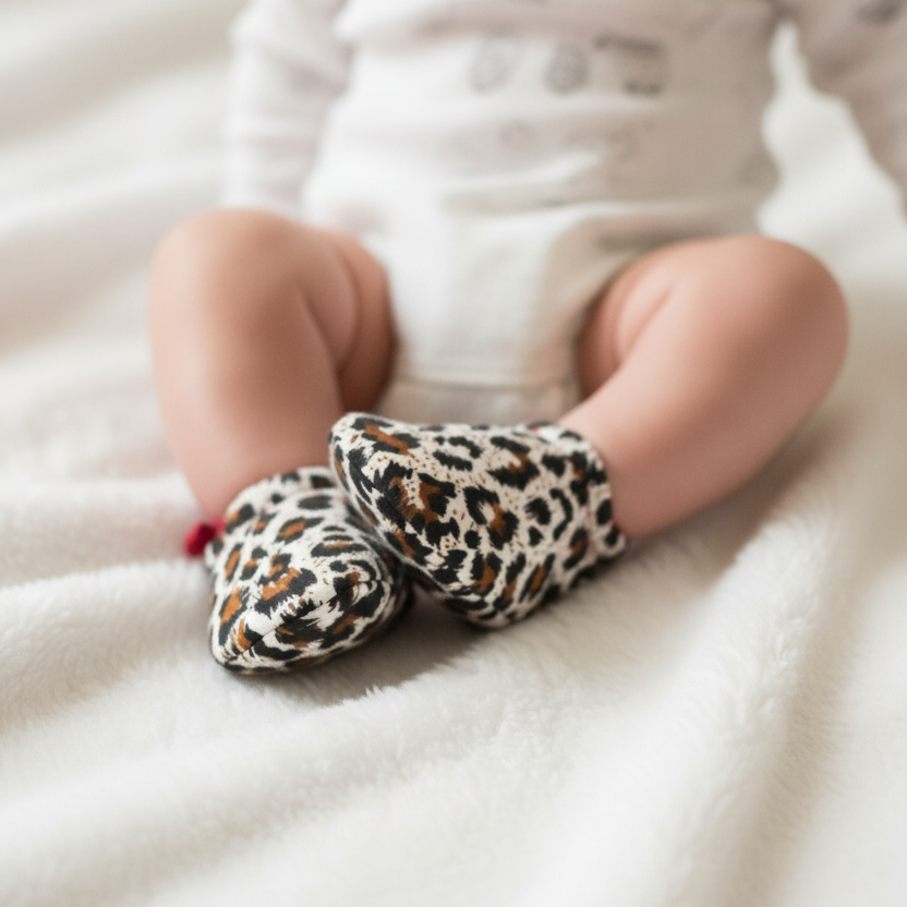 Baby sitting up in leopard print booties