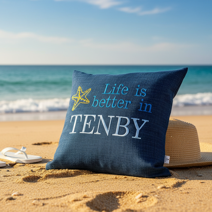 Blue Tenby cushion on the sand