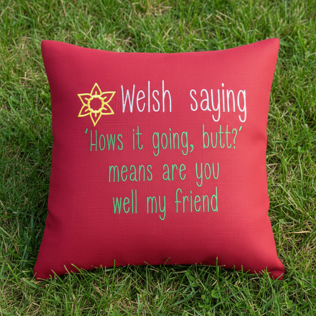 Close up Welsh saying cushion on grass