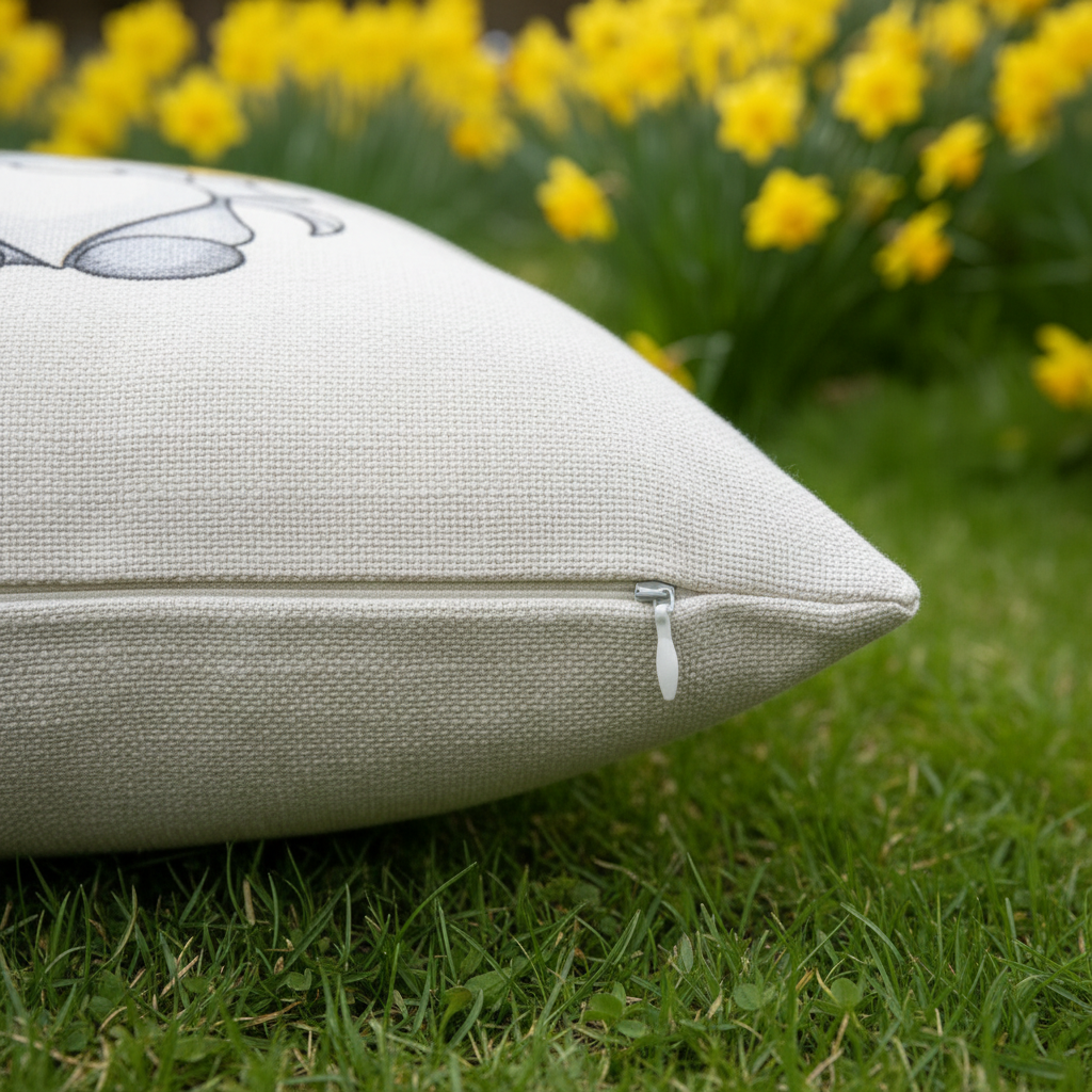 Cushion zip detail on grass with daffodils