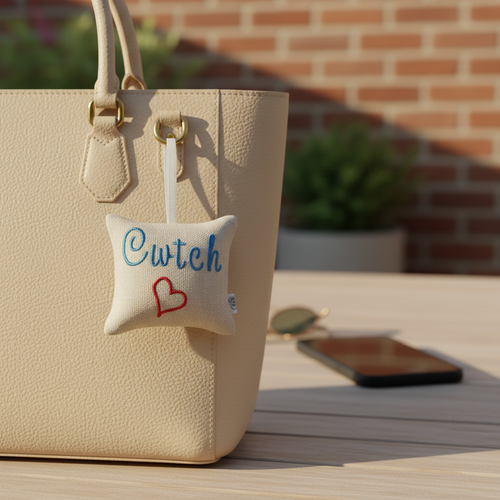 Cwtch mini cushion looped onto a handbag