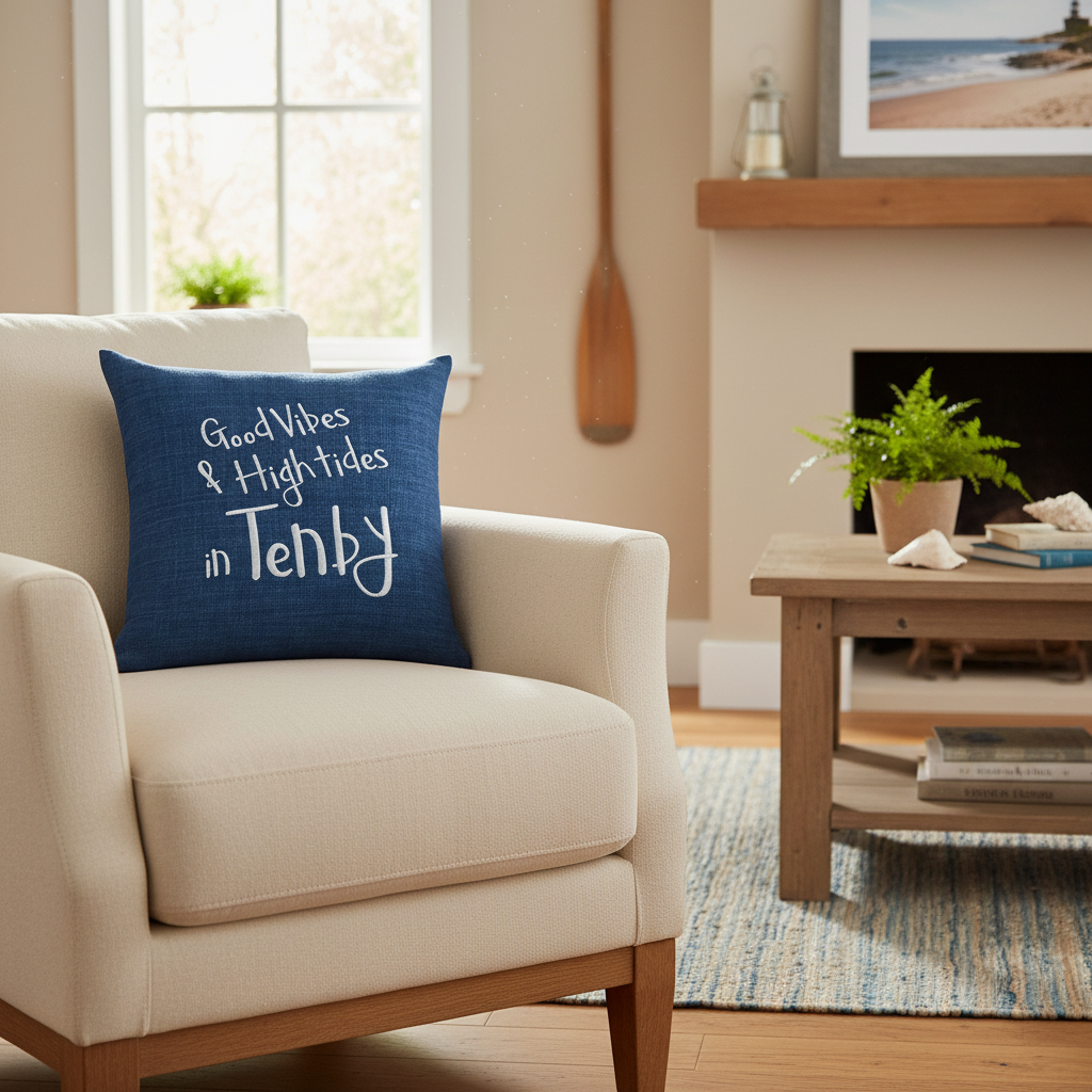 Good Vibes & High Tides in Tenby cushion on a cosy chair