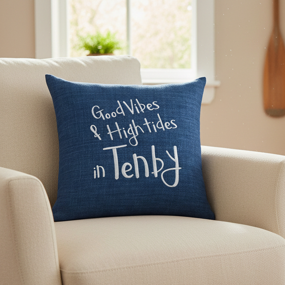 A navy blue throw pillow with white text reading 'Good Vibes & High Tides in Tenby' rests on a cream-colored armchair in a cozy, sunlit living room.