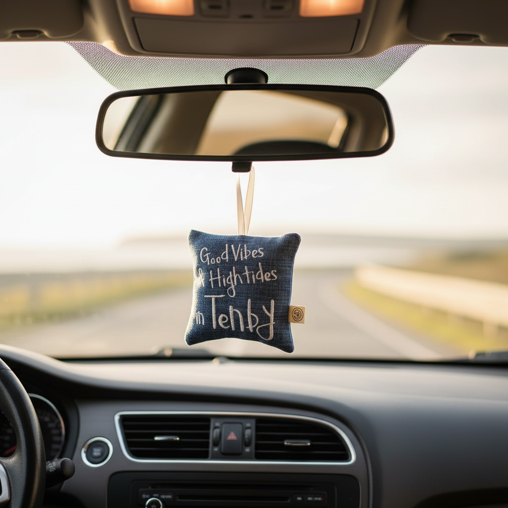 Good Vibes & High Tides in Tenby sachet hanging in a car