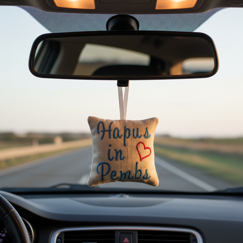 Hapus in Pembs mini cushion hanging in a car