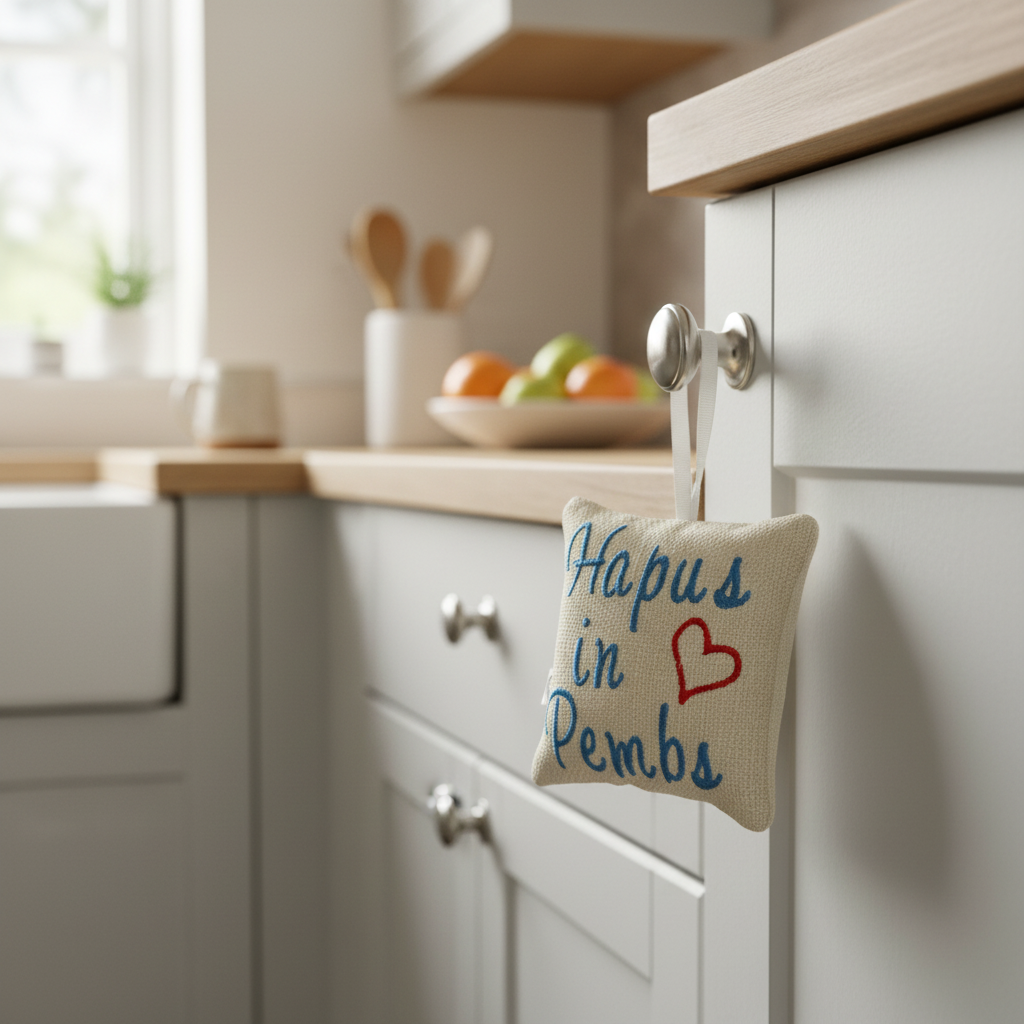 Hapus in Pembs mini cushion hanging on a kitchen cupboard door
