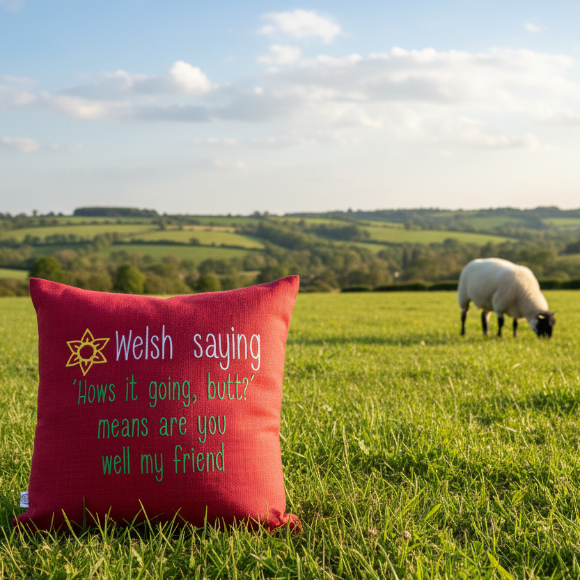 Hows it going butt cushion in Welsh field with sheep