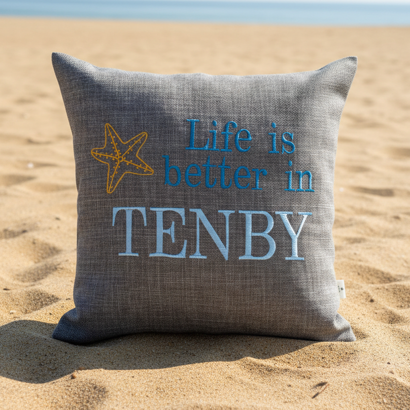 Stone grey Tenby cushion on the sand