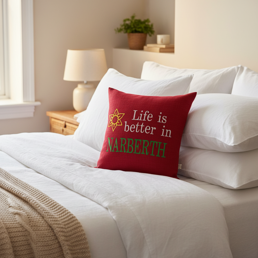 Life is Better in Narberth cushion on a bed