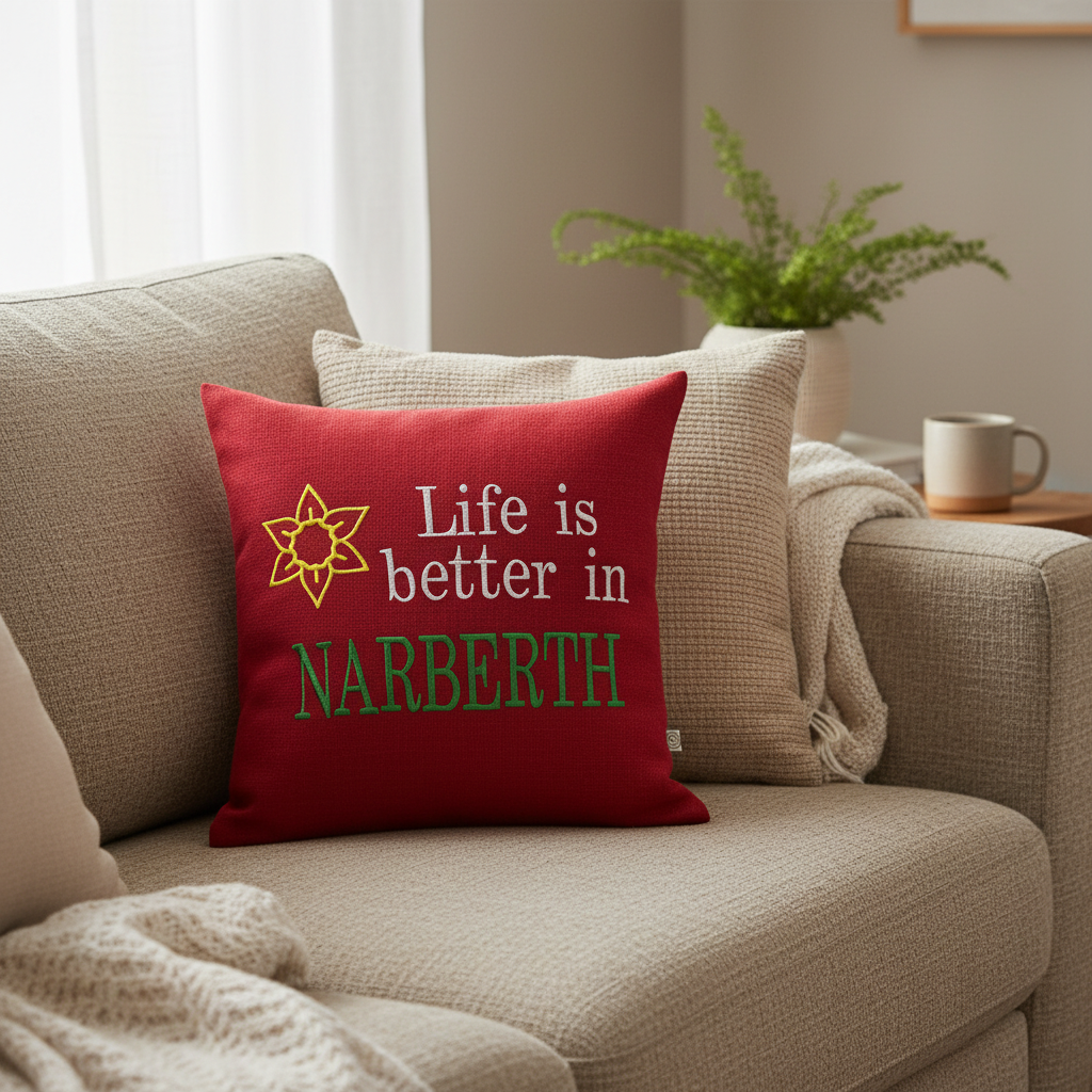 Life is Better in Narberth cushion on a sofa