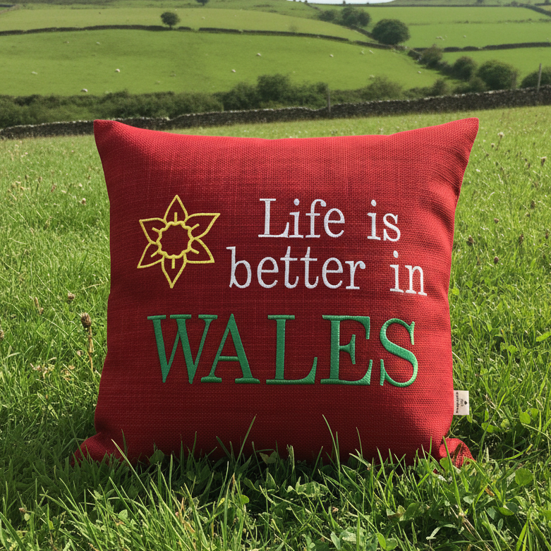 Life is Better in Wales cushion in a green field