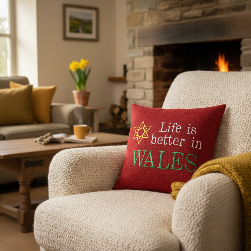 Life is Better in Wales cushion on armchair