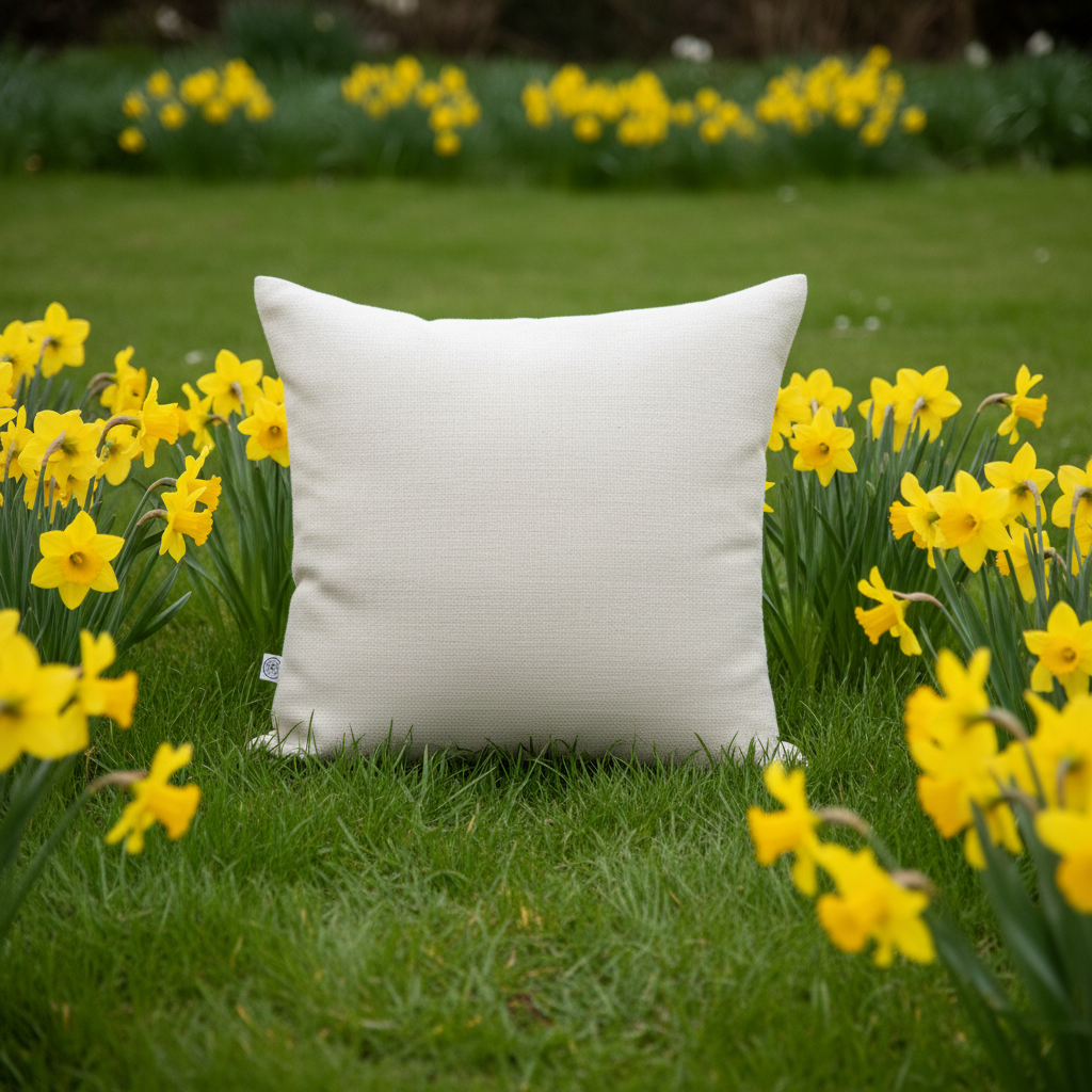 Plain cream cushion back on grass with daffodils