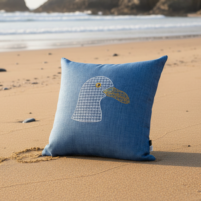 A square blue throw pillow with an embroidered seagull design sits on a sandy beach with the ocean and cliffs in the background.