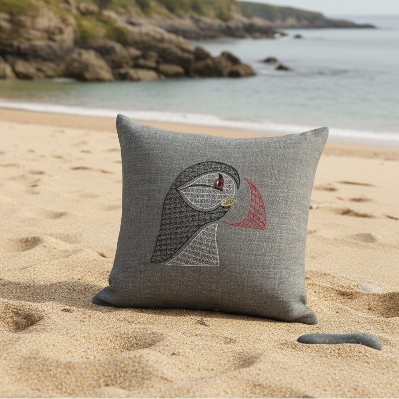 A square gray throw pillow with a stylized puffin bird design in black, red, and yellow embroidery, placed on a sandy beach with the ocean and rocky cliffs in the background.