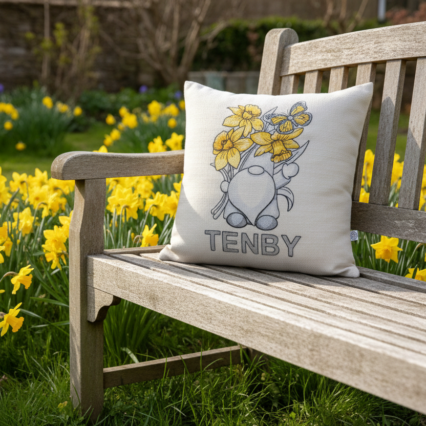 Tenby daffodil gnome cushion in a garden with daffodils