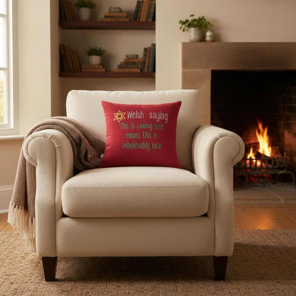 Welsh Saying Cushion on Armchair